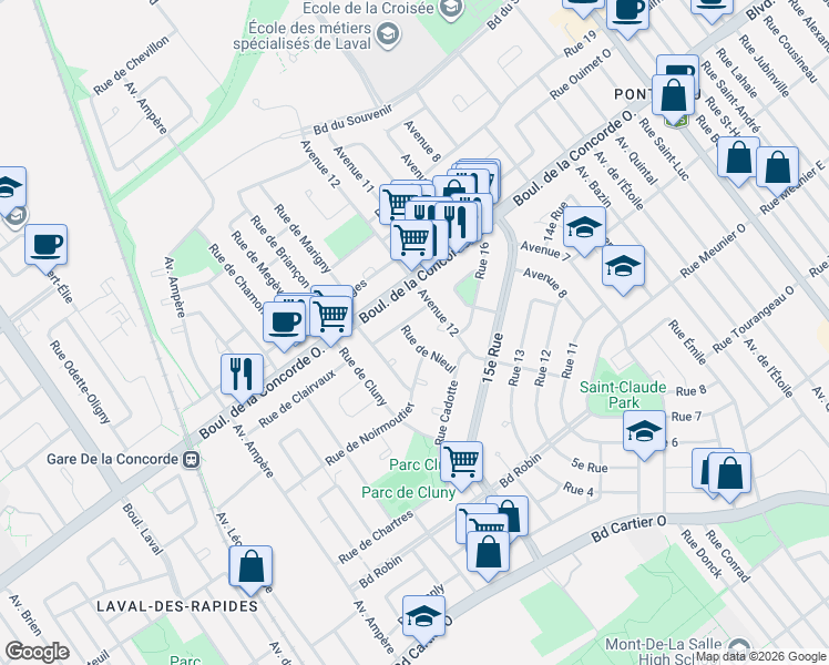 map of restaurants, bars, coffee shops, grocery stores, and more near 487 Rue de Nieul in Laval
