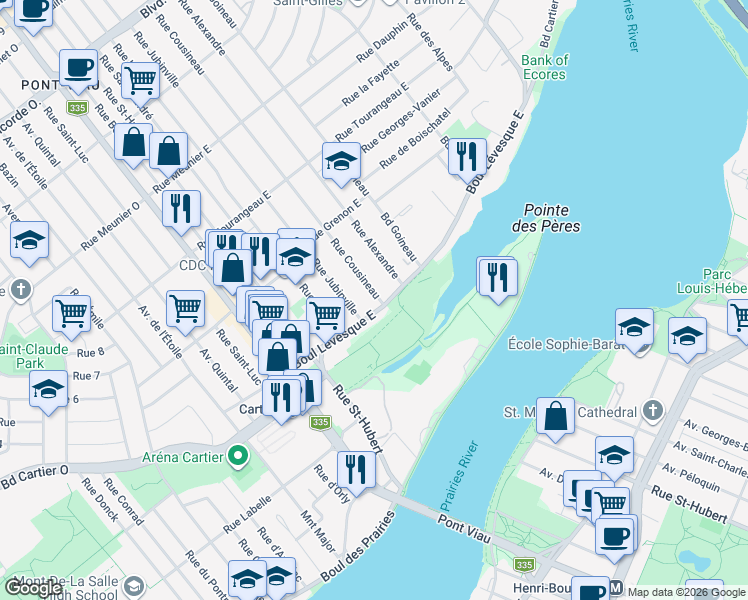 map of restaurants, bars, coffee shops, grocery stores, and more near 4 Rue Cousineau in Laval