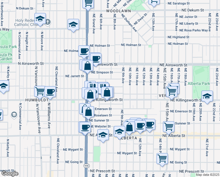 map of restaurants, bars, coffee shops, grocery stores, and more near 724 Northeast Jessup Street in Portland