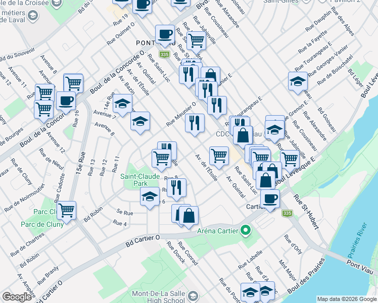 map of restaurants, bars, coffee shops, grocery stores, and more near 21 C Rue Tourangeau Ouest in Laval