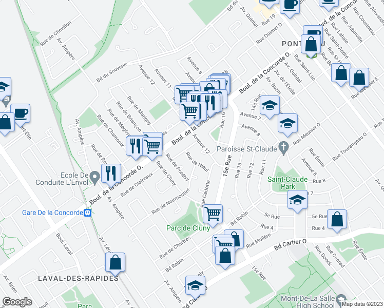 map of restaurants, bars, coffee shops, grocery stores, and more near 487 A Rue de Nieul in Laval