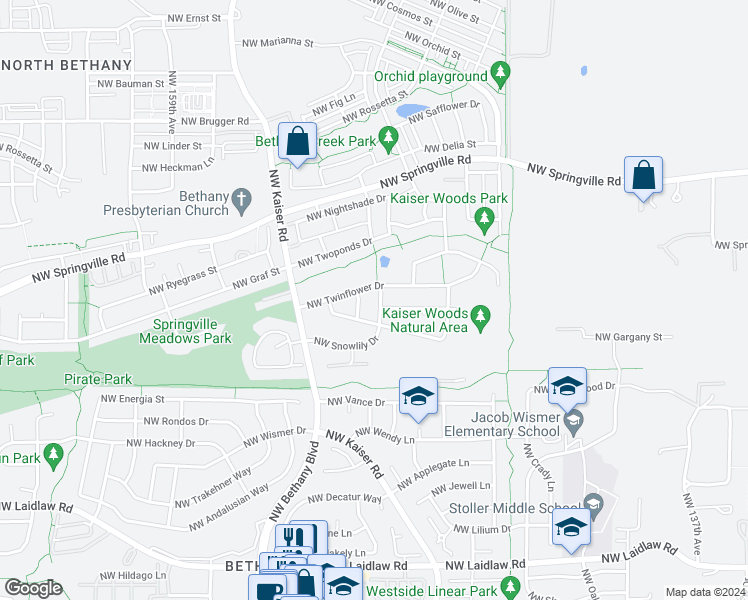 map of restaurants, bars, coffee shops, grocery stores, and more near 6171 Northwest Snowlily Drive in Portland
