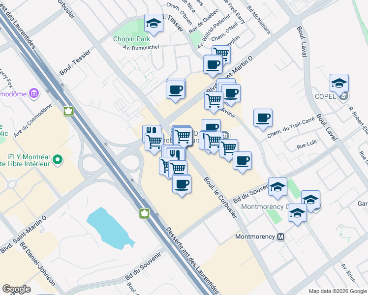 map of restaurants, bars, coffee shops, grocery stores, and more near Boulevard le Corbusier in Laval