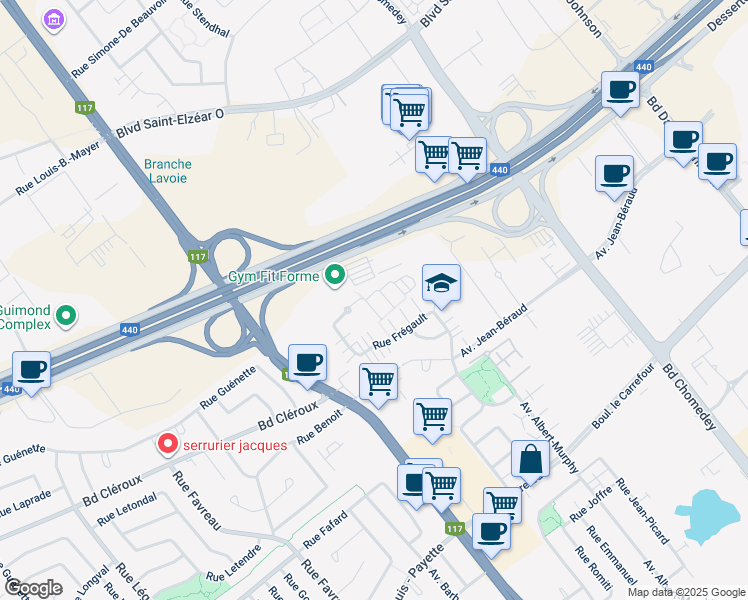 map of restaurants, bars, coffee shops, grocery stores, and more near 3029 Rue Frégault in Laval