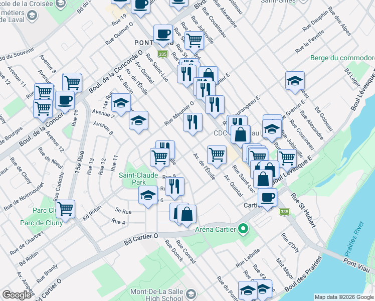 map of restaurants, bars, coffee shops, grocery stores, and more near 21 C Rue Tourangeau Ouest in Laval