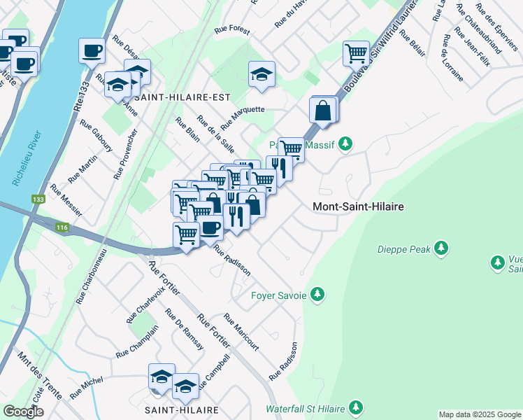 map of restaurants, bars, coffee shops, grocery stores, and more near 414 Boulevard Sir-Wilfrid-Laurier in Mont-Saint-Hilaire