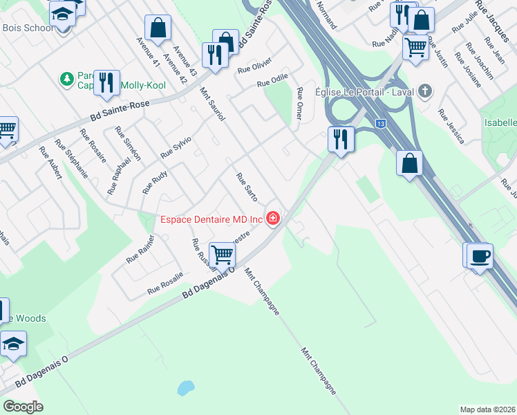 map of restaurants, bars, coffee shops, grocery stores, and more near 680 Rue Sarto in Laval