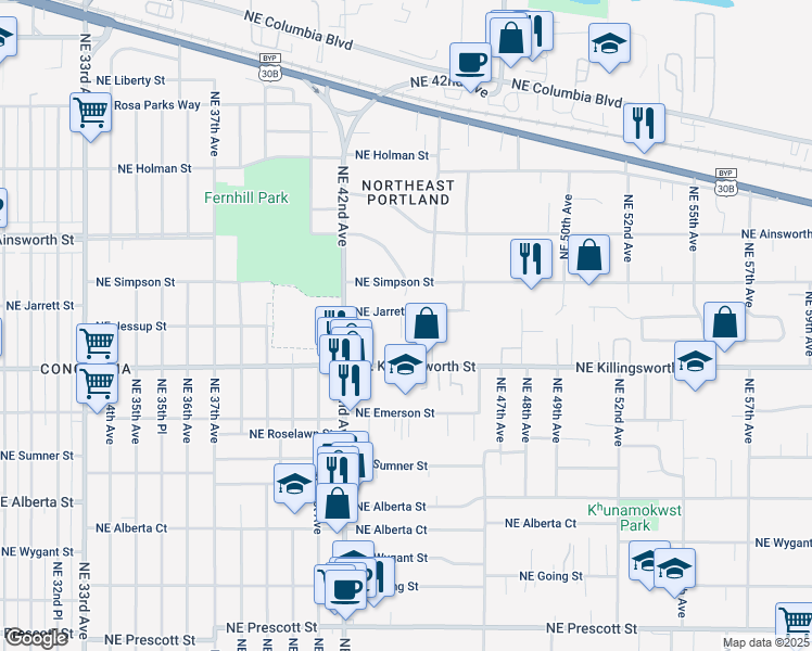 map of restaurants, bars, coffee shops, grocery stores, and more near 4418 Northeast Jarrett Street in Portland