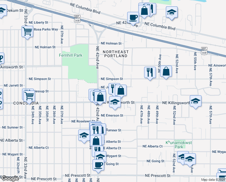 map of restaurants, bars, coffee shops, grocery stores, and more near 5732 Northeast 42nd Avenue in Portland