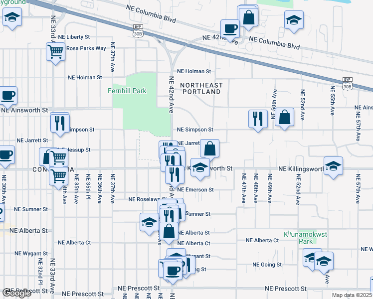 map of restaurants, bars, coffee shops, grocery stores, and more near 5732 Northeast 42nd Avenue in Portland