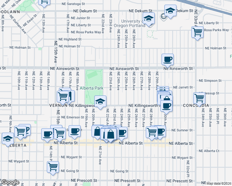 map of restaurants, bars, coffee shops, grocery stores, and more near 5711 Northeast 24th Avenue in Portland