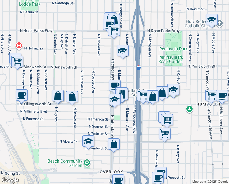 map of restaurants, bars, coffee shops, grocery stores, and more near 5630 North Interstate Avenue in Portland