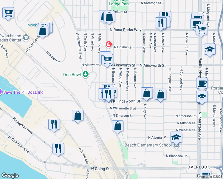 map of restaurants, bars, coffee shops, grocery stores, and more near 5628 North Greeley Avenue in Portland