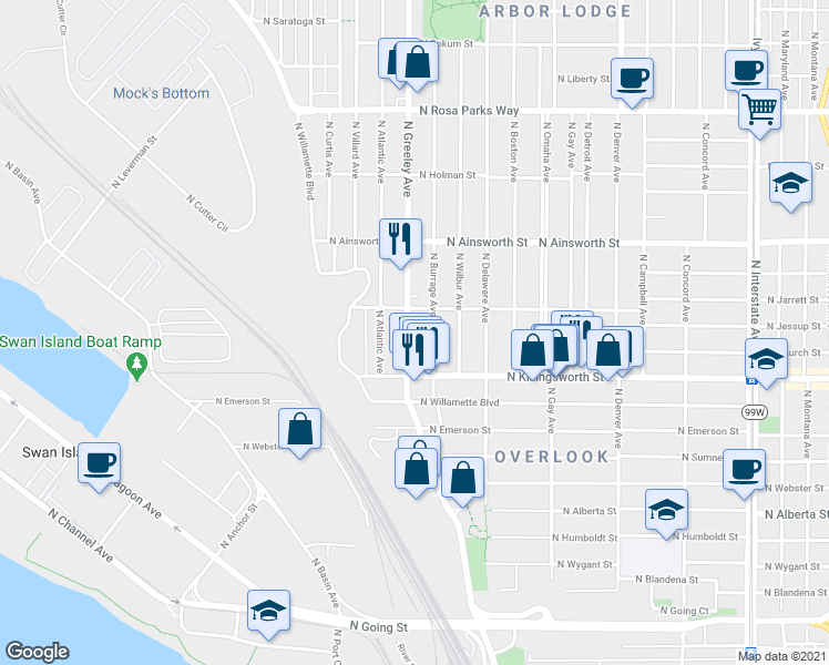 map of restaurants, bars, coffee shops, grocery stores, and more near 5628 North Greeley Avenue in Portland