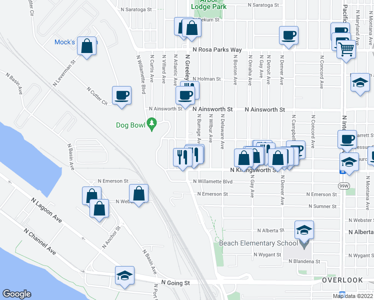 map of restaurants, bars, coffee shops, grocery stores, and more near 5628 North Greeley Avenue in Portland