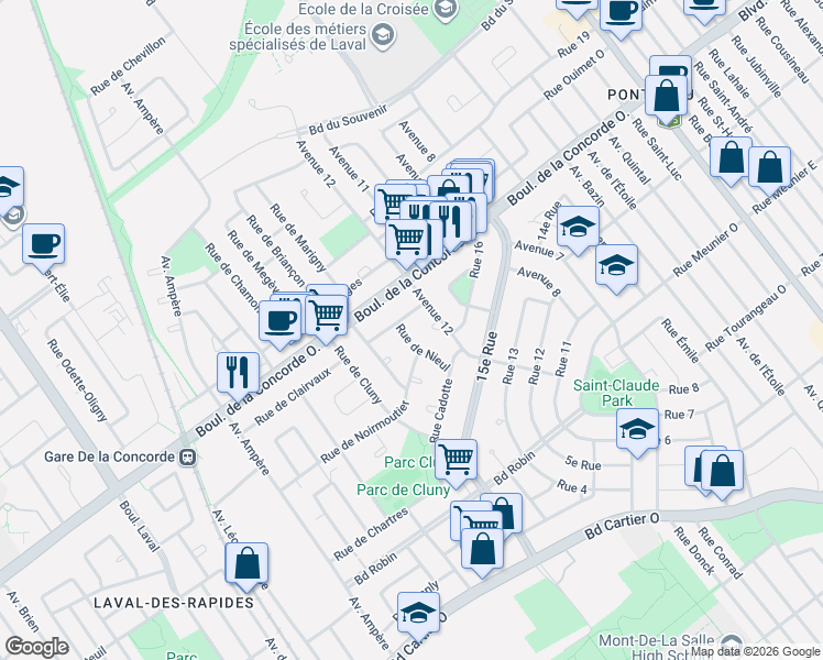 map of restaurants, bars, coffee shops, grocery stores, and more near 487 A Rue de Nieul in Laval