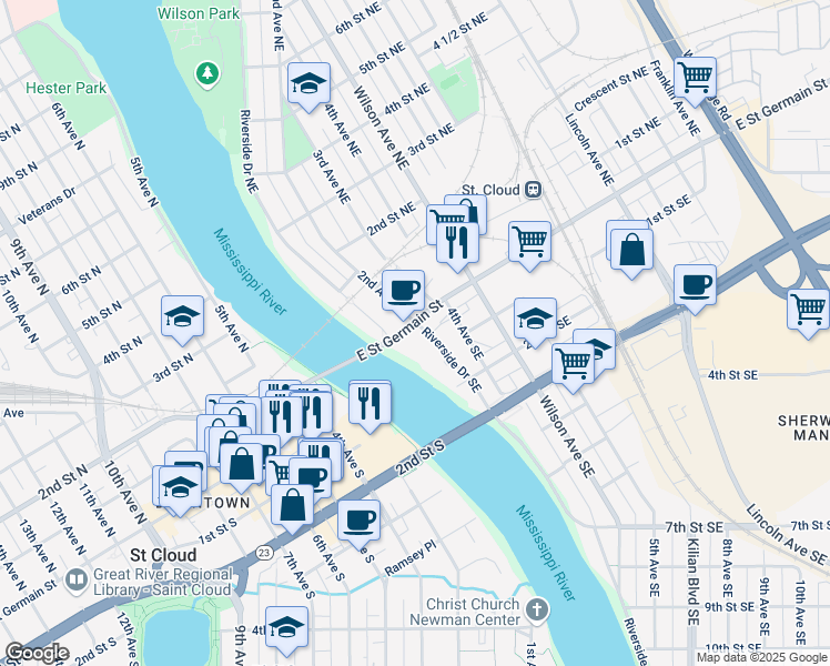 map of restaurants, bars, coffee shops, grocery stores, and more near 124 East Saint Germain Street in St. Cloud