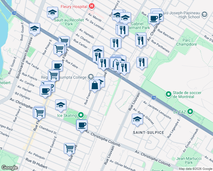 map of restaurants, bars, coffee shops, grocery stores, and more near 1721 Rue Louis-Alphonse-Venne in Montréal
