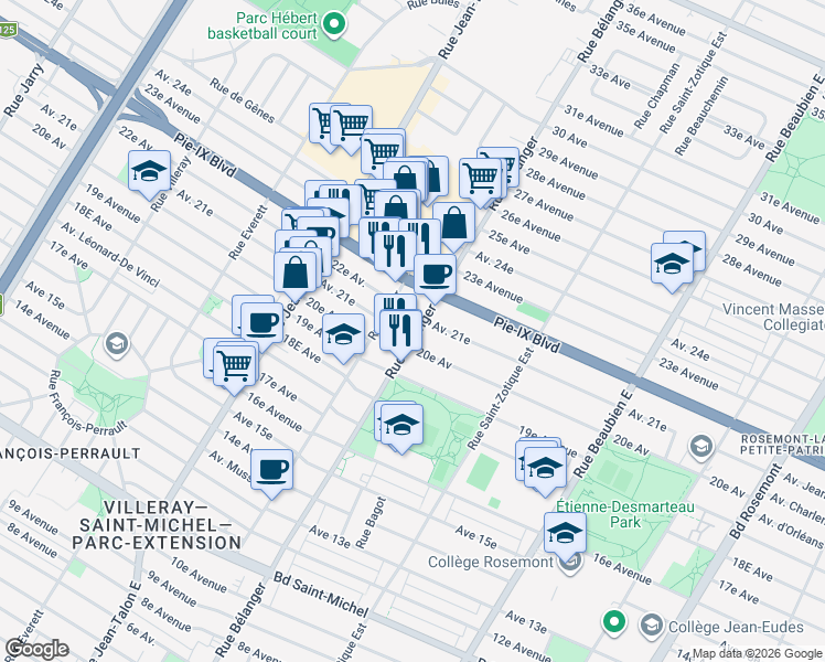 map of restaurants, bars, coffee shops, grocery stores, and more near 3955 Rue Bélanger in Montreal