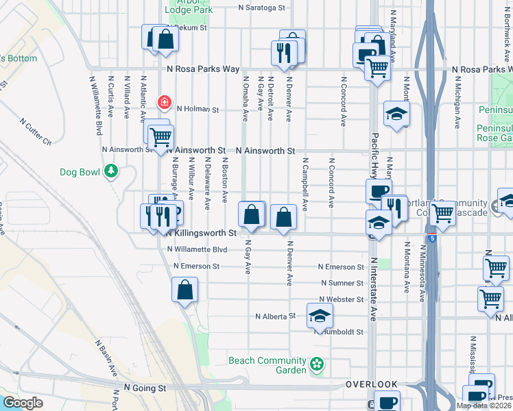 map of restaurants, bars, coffee shops, grocery stores, and more near 5623 North Gay Avenue in Portland