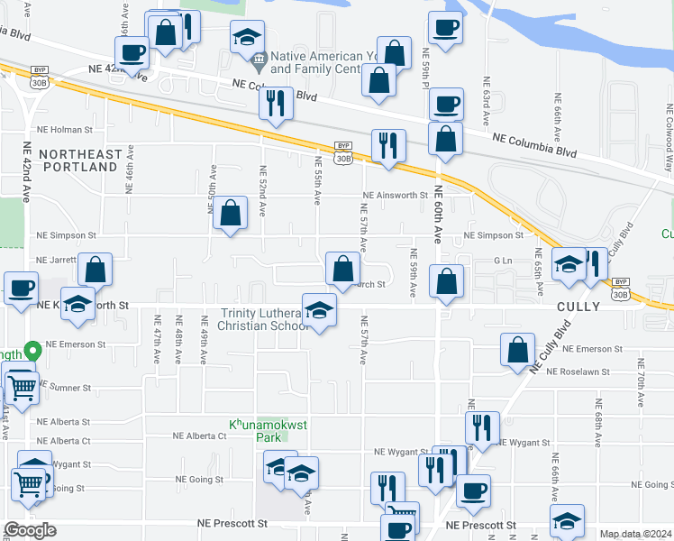 map of restaurants, bars, coffee shops, grocery stores, and more near 5526 Northeast Jessup Street in Portland