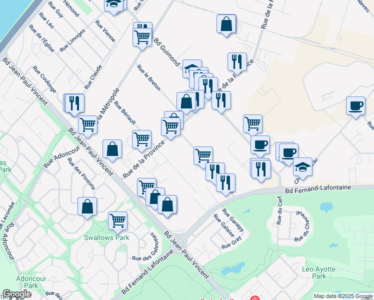 map of restaurants, bars, coffee shops, grocery stores, and more near 730-774 Rue Delage in Longueuil