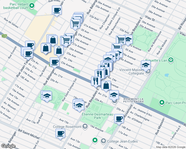 map of restaurants, bars, coffee shops, grocery stores, and more near 23e Avenue in Montréal