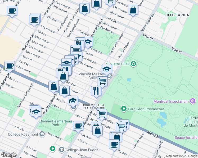 map of restaurants, bars, coffee shops, grocery stores, and more near 6080 27e Avenue in Montréal