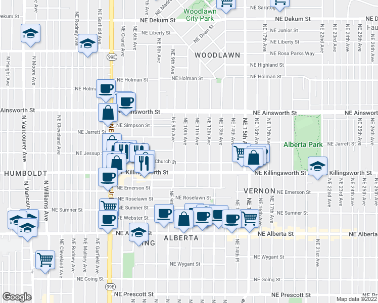 map of restaurants, bars, coffee shops, grocery stores, and more near 5700 Northeast 10th Avenue in Portland