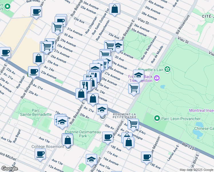 map of restaurants, bars, coffee shops, grocery stores, and more near 6341 25e Avenue in Montreal