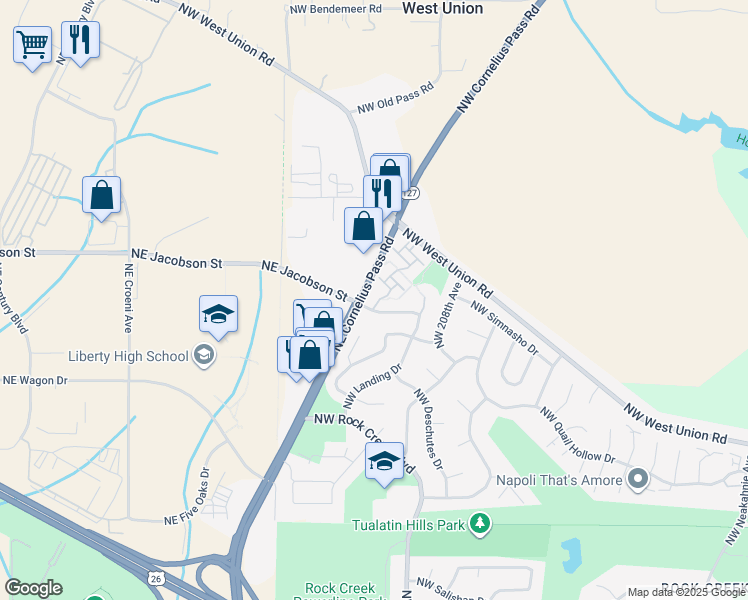 map of restaurants, bars, coffee shops, grocery stores, and more near 21187 Northwest Galice Lane in Portland