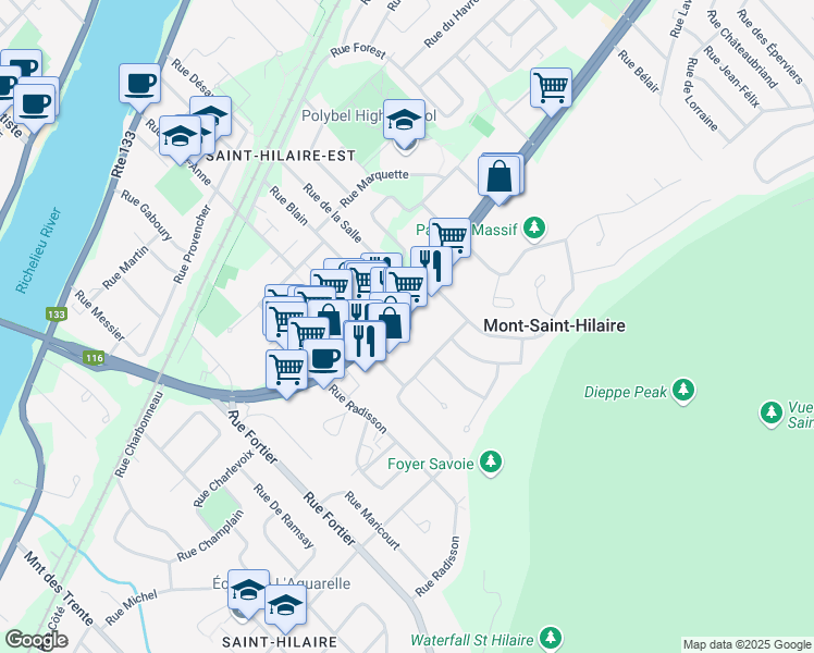 map of restaurants, bars, coffee shops, grocery stores, and more near 414 Boulevard Sir-Wilfrid-Laurier in Mont-Saint-Hilaire
