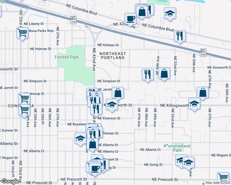 map of restaurants, bars, coffee shops, grocery stores, and more near 4418 Northeast Jarrett Street in Portland