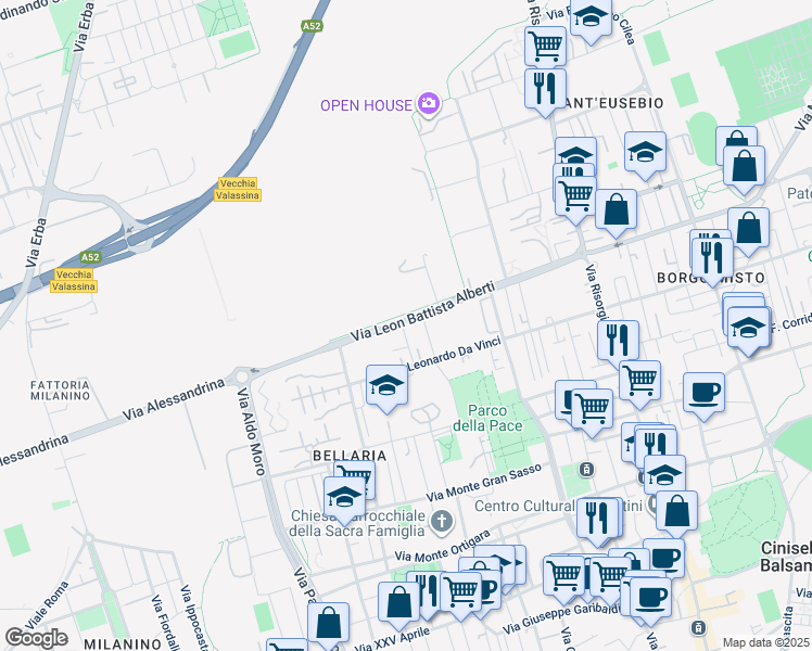 map of restaurants, bars, coffee shops, grocery stores, and more near 22 Via Pier della Francesca in Cinisello Balsamo