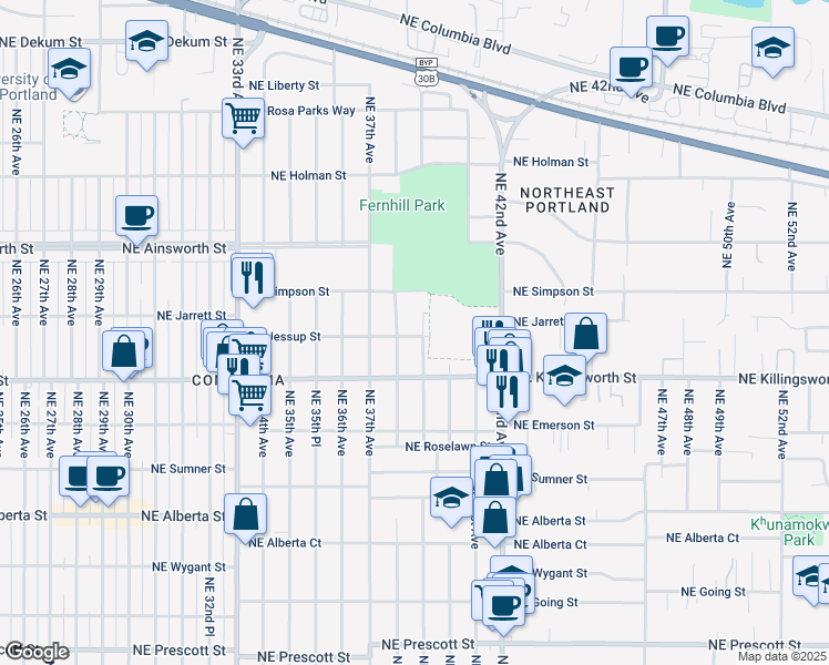 map of restaurants, bars, coffee shops, grocery stores, and more near 5705 Northeast Cesar E Chavez Boulevard in Portland