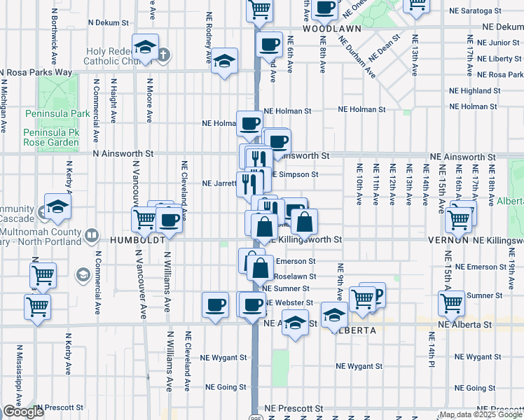 map of restaurants, bars, coffee shops, grocery stores, and more near 5630 Northeast Martin Luther King Junior Boulevard in Portland