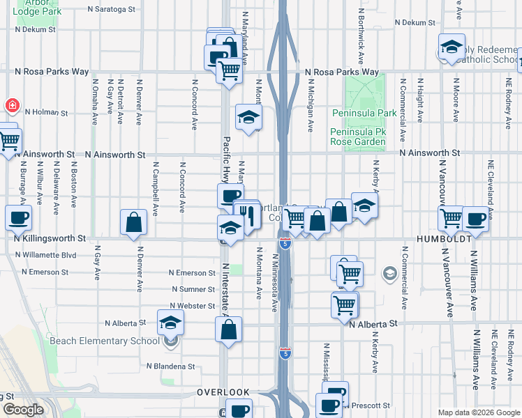 map of restaurants, bars, coffee shops, grocery stores, and more near 5633 North Montana Avenue in Portland