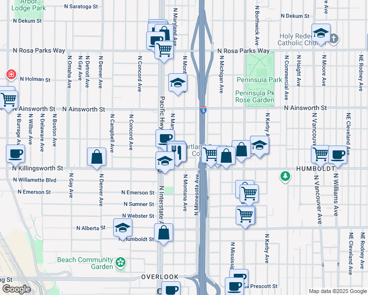 map of restaurants, bars, coffee shops, grocery stores, and more near 5633 North Montana Avenue in Portland