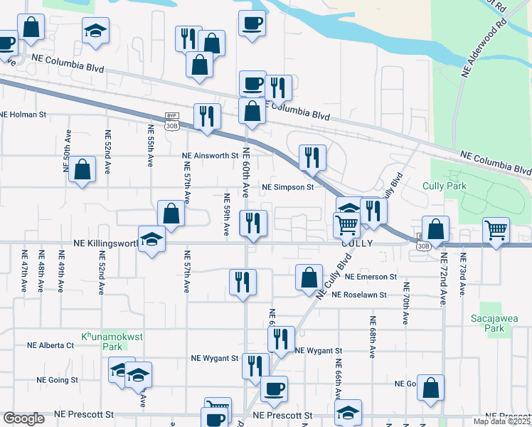 map of restaurants, bars, coffee shops, grocery stores, and more near 5705 Northeast 62nd Avenue in Portland