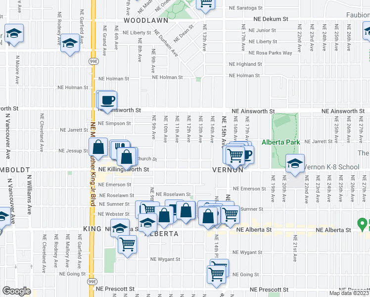 map of restaurants, bars, coffee shops, grocery stores, and more near 5707 Northeast 12th Avenue in Portland