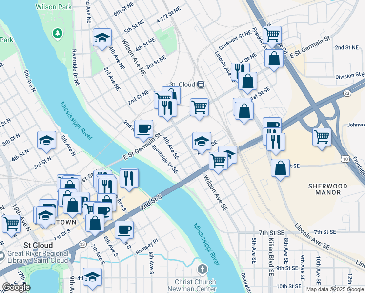 map of restaurants, bars, coffee shops, grocery stores, and more near 107 Wilson Avenue Northeast in St. Cloud