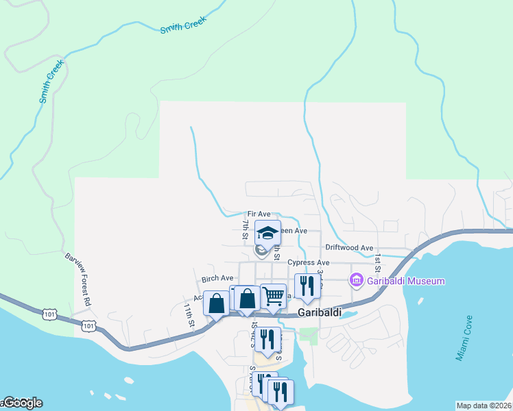 map of restaurants, bars, coffee shops, grocery stores, and more near 612 Fir Avenue in Garibaldi