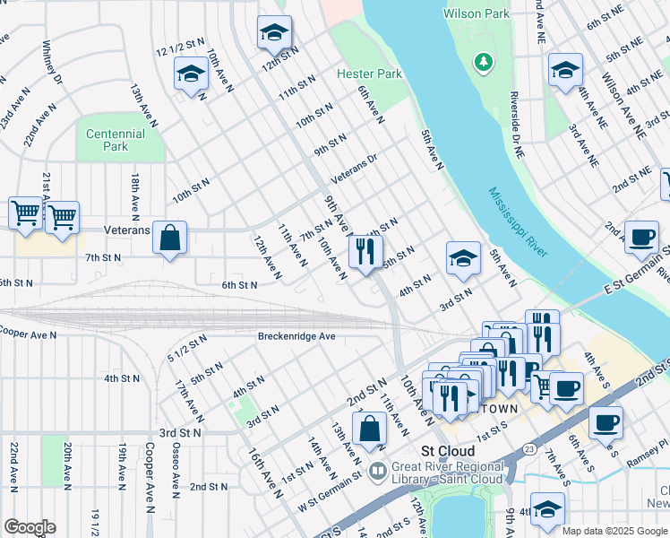 map of restaurants, bars, coffee shops, grocery stores, and more near 523 10th Avenue North in St. Cloud