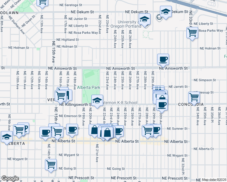 map of restaurants, bars, coffee shops, grocery stores, and more near 5711 Northeast 24th Avenue in Portland