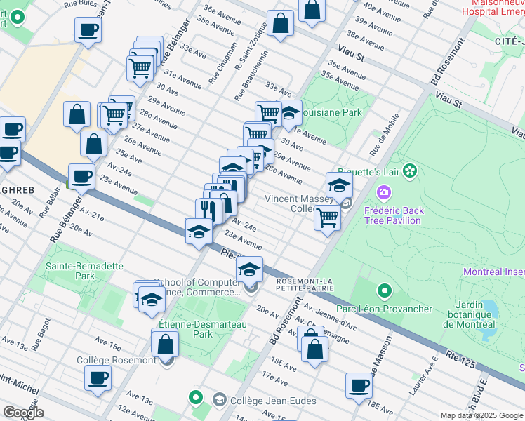 map of restaurants, bars, coffee shops, grocery stores, and more near 6341 25e Avenue in Montréal