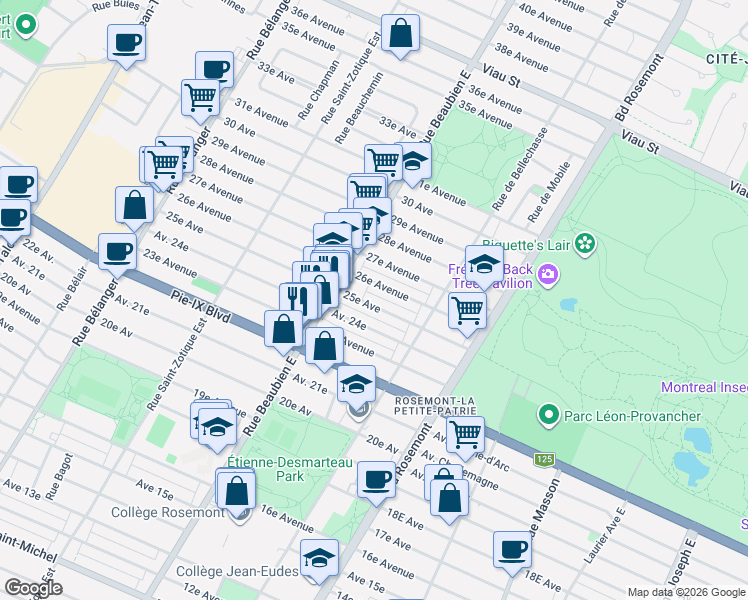 map of restaurants, bars, coffee shops, grocery stores, and more near 6341 25e Avenue in Montréal