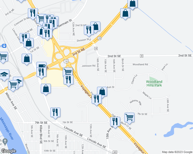 map of restaurants, bars, coffee shops, grocery stores, and more near 405 14th Avenue Southeast in St. Cloud