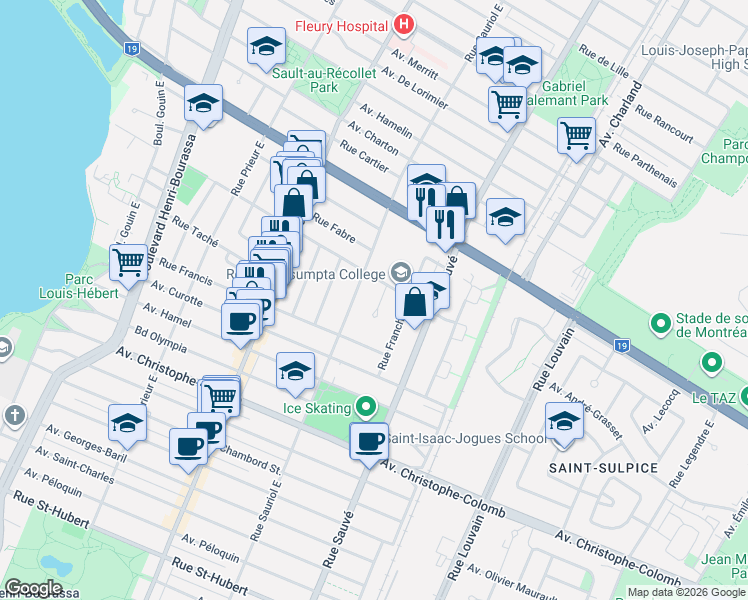 map of restaurants, bars, coffee shops, grocery stores, and more near 10040 Place Guillaume Chambon in Montréal
