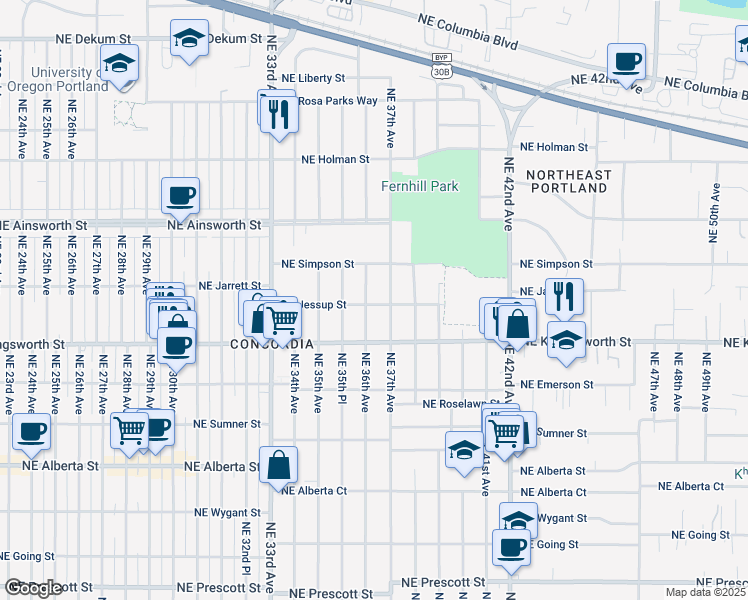 map of restaurants, bars, coffee shops, grocery stores, and more near 5704 Northeast 36th Avenue in Portland