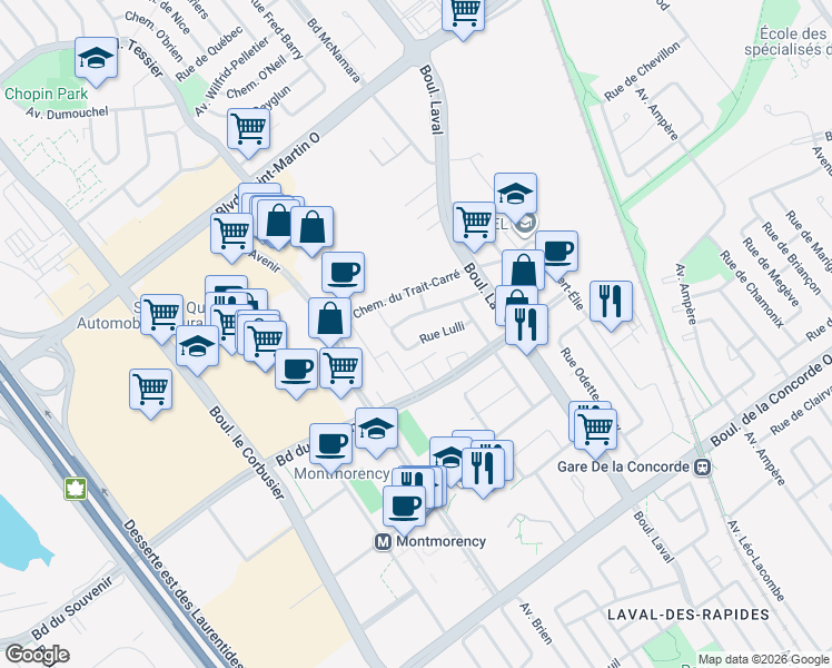 map of restaurants, bars, coffee shops, grocery stores, and more near 385 Rue Lulli in Laval